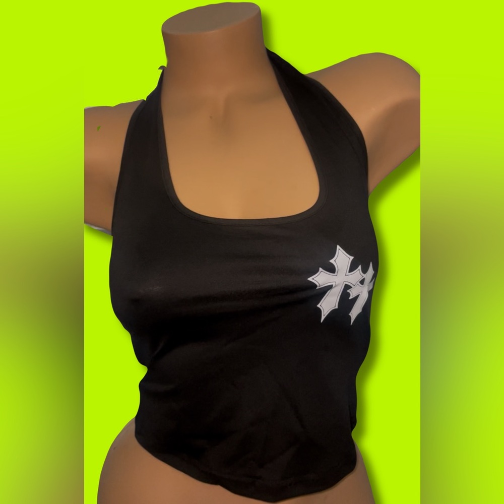 Black Halter Top with White Cross Design